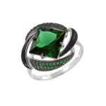 Women's ring with black enamel, green sitall and zirconia 