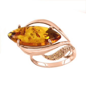 Кольцо из золочёного серебра с фианитами и янтарём 