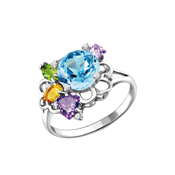 Women's ring with topaz, amethyst, chrysalith, citrine, zirconia 