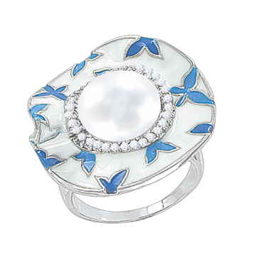 Women's ring with pearl, enamel and zirconia 