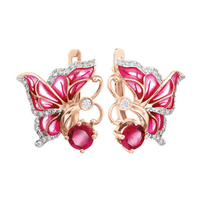 Earrings Butterflies with enamel, rodolite and zirconia 