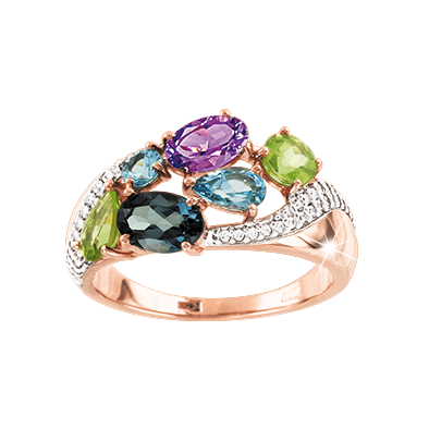Women's ring with topaz, amethyst, chrysolite and zirconia 