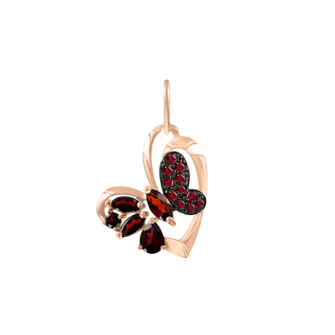 Pendant heart and butterfly with garnet 