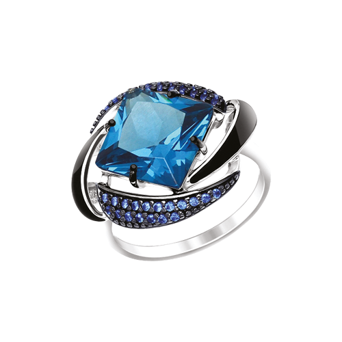 Women's ring with black enamel, blue sitall and zirconia 