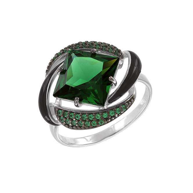 Women's ring with black enamel, green sitall and zirconia 