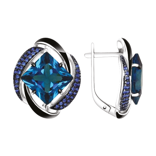 Earrings with black enamel, blue sitalls and zirconia 