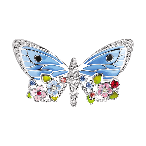 Brosche Schmetterling mit Rubin, Zirkonia und Emaille 