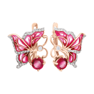 Серьги "Бабочки" с родолитами, эмалью и фианитами