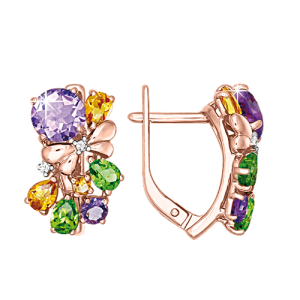 Серьги с фианитами, аметистом, хризолитом и цитрином