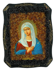 Russische orthodoxe Ikone Mutter Gottes "Umilenie", mit echtem Bernstein Geschmückt